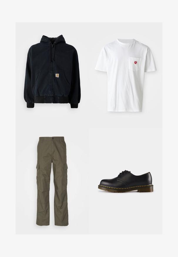 Black zip-up hoodie with front pockets, drawstring hood, ribbed cuffs and hem, featuring a small rectangular yellow logo patch on the pocket.; White cotton t-shirt with a round neckline and short sleeves. Features a small red heart logo on the left chest pocket.; Olive cargo pants with a straight cut, made from textured fabric. Features large side pockets and a button closure.; Black leather shoe with rounded toe, lace-up design, yellow stitching along the sole, and a chunky, textured rubber outsole.