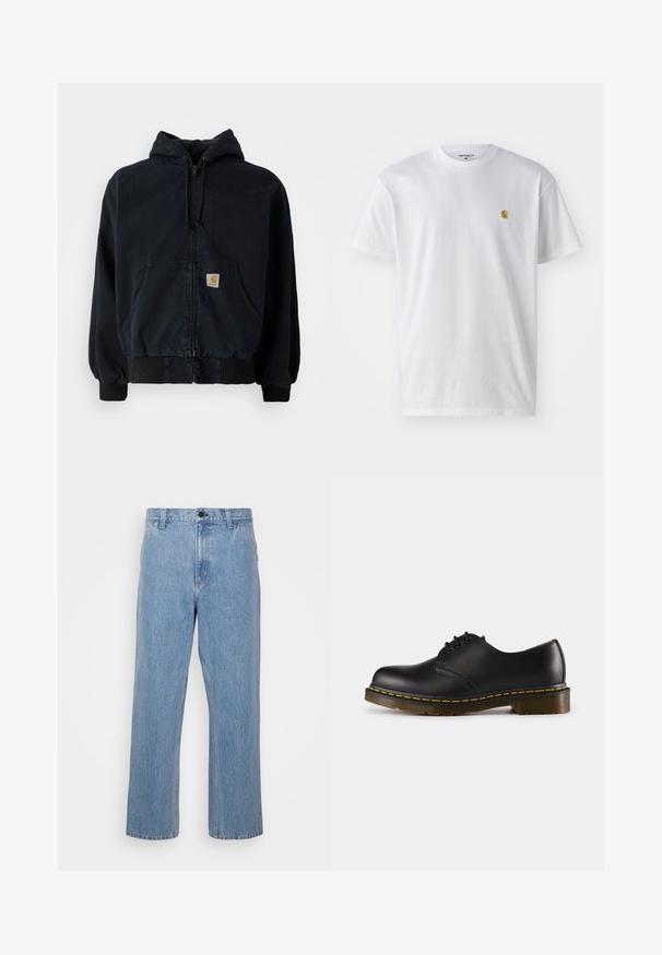 Svart zip-up hettegenser med frontlommer, snor i hetta, ribbestrikkede mansjetter og kant, med en liten rektangulær gul logopatch på lommen.; Hvit bomull t-skjorte med korte ermer, rund hals, med en liten gulllogo på venstre brystområde. Myk tekstur og vanlig passform.; Lyseblå denimjeans med rett benklipp, med knappelukking og beltehemper. Stoffet har en subtil falmet tekstur.; Sorte skinnsko med rund tå, snøringsdesign, gul søm langs sålen og en kraftig, teksturert gummisåle.