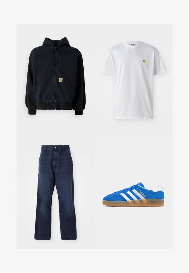 Čierna mikina na zips s prednými vreckami, s kapucňou na šnúrku, rebrovanými manžetami a lemom, s malou obdĺžnikovou žltou nášivkou na vrecku.; Biele bavlnené tričko s krátkymi rukávmi, okrúhlym výstrihom, s malým zlatým logom na ľavej strane hrude. Mäkká textúra a normálny strih.; Tmavomodré denimmové nohavice so strihom rovného strihu, s predným zapínaním na gombík, pútka na opasok a bez viditeľných vzorov alebo akcentov.; Modré semišové tenisky s bielymi pruhmi a textom "Gazelle". Obsahuje základňu z gumovej gumy a texturované detaily na hornej časti. Klasický dizajn.