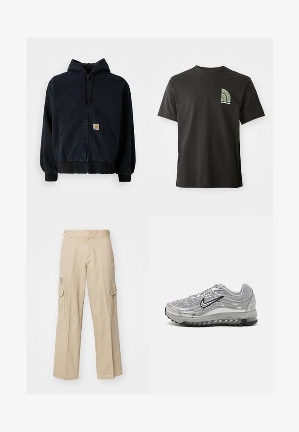 Crna majica s kapuljačom na patent, s prednjim džepovima, kapuljačom s vezicom, rebrastim manžetama i rubom, koja ima malu pravokutnu žutu oznaku na džepu.; Crna majica kratkih rukava s okruglim izrezom, s malim zelenim i bijelim četvrtkružnim logotipom i tekstom "The North Face" na lijevoj strani grudi.; Beige cargo hlače širokog kroja s više džepova i kontrastnim šavovima. Izrađene od izdržljive pamučne tkanine, s petljom za pojas.; Sivi Nike Air Max tenisice s mrežastim i sintetičkim gornjim dijelom, valovitom uzorkom, crnim detaljima i vidljivom zračnoj jastučiću.