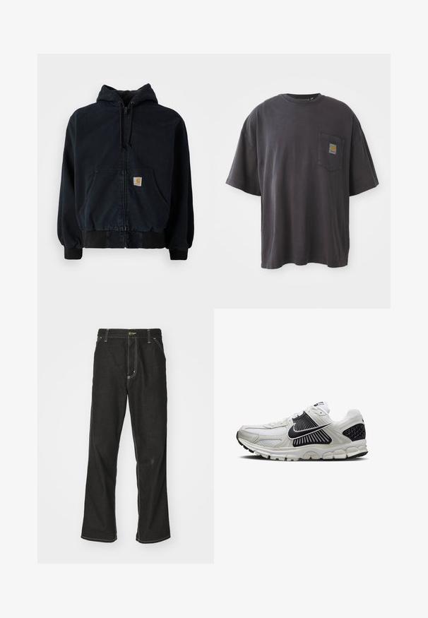 Sweatshirt preta com fecho éclair, bolsos frontais, capuz com cordão, punhos e bainha canelados, apresentando um pequeno patch retangular amarelo no bolso.; T-shirt de algodão preto com mangas curtas, decote redondo e bolso no peito esquerdo com um emblema quadrado. Design simples e sem adornos.; Calças de ganga pretas de corte largo, com costuras brancas em contraste, fecho de botão e design de perna reta.; Sapatilha atlética branca com detalhes em preto, apresentando um superior em malha, painéis laterais texturizados e uma sola acolchoada para suporte e conforto.