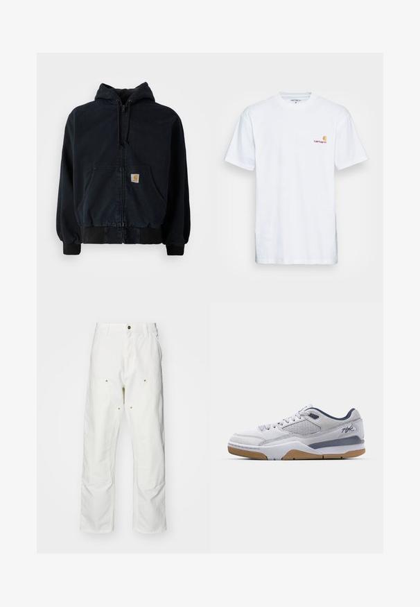 Sweatshirt preta com fecho éclair, bolsos frontais, capuz com cordão, punhos e bainha canelados, apresentando um pequeno patch retangular amarelo no bolso.; T-shirt de algodão branco com mangas curtas. Apresenta um pequeno logótipo laranja e castanho-escuro no lado esquerdo do peito. Tem um clássico decote redondo.; Calças cargo brancas em algodão com um corte descontraído. As características incluem bolsos frontais, detalhes em metal dourado e áreas de joelhos reforçadas.; Sapatilha desportiva branca com parte superior em malha e camurça, detalhes em azul marinho e sola de borracha. Apresenta um design de atacadores e detalhes cosidos.