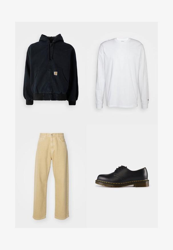 Crna majica s kapuljačom na patent, s prednjim džepovima, kapuljačom s vezicom, rebrastim manžetama i rubom, koja ima malu pravokutnu žutu oznaku na džepu.; Bijela dugopruga majica s dugim rukavima od pamuka. Dizajn s okruglim izrezom, rebrastim manžetama i malim logotipom na lijevom rukavu. Glatka tekstura.; Bež traperice ravnog kroja, s pet džepova, zatvaranjem na gumb i čisto završenim rubom. Mekana tekstura.; Crna kožna cipela s zaobljenim prstom, dizajnom na vezivanje, žutim šavovima duž pete i debelim, teksturiranim gumiranim đonom.