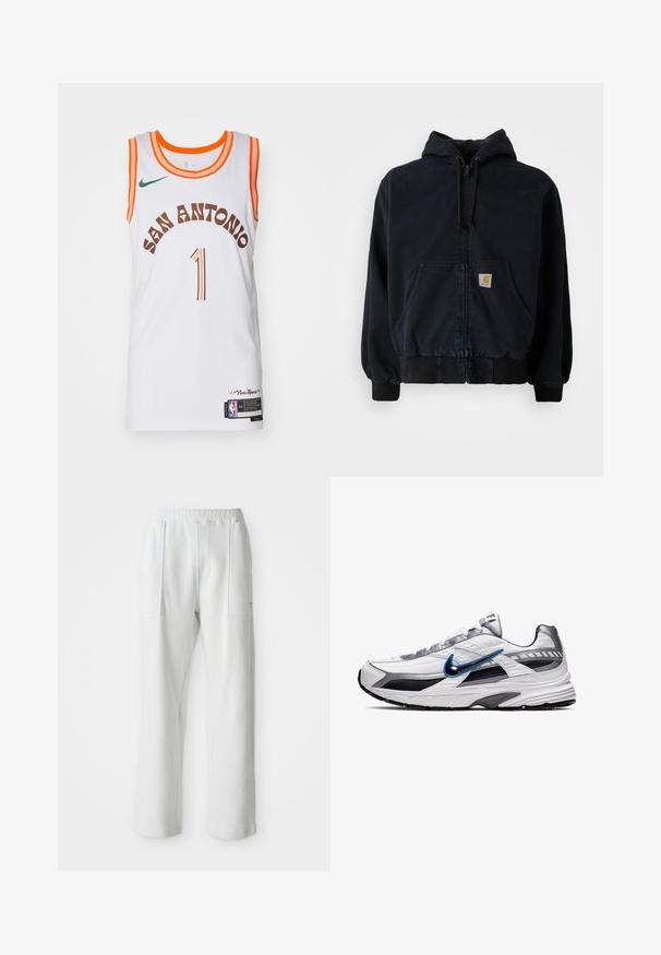 Sudadera negra con cremallera, con bolsillos frontales, capucha con cordón, puños y dobladillo acanalados, que presenta un pequeño parche rectangular amarillo en el bolsillo.; Camiseta de baloncesto blanca con ribetes naranja, que presenta "SAN ANTONIO" en letras marrones, el número "1" en marrón claro y el logo de Nike.; Pantalones casuales blancos con una cinturilla elástica y grandes bolsillos frontales, exhibidos sobre un fondo claro y liso.; Zapatilla de running de Nike con parte superior de malla blanca, detalles en navy y plata, superposiciones texturizadas y una suela gris acolchada.