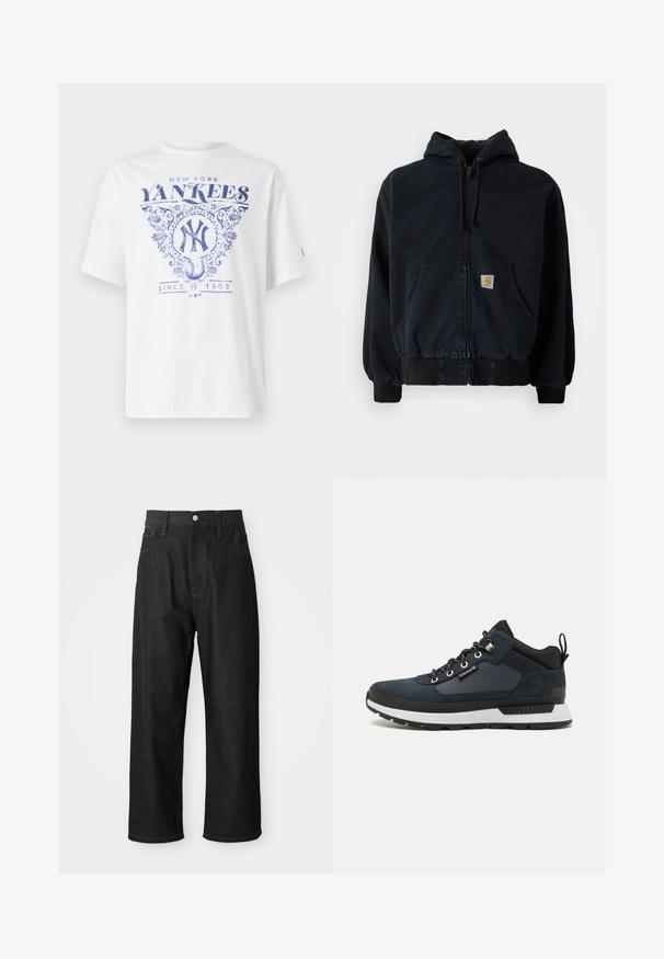 Svart zip-up hettegenser med frontlommer, snor i hetta, ribbestrikkede mansjetter og kant, med en liten rektangulær gul logopatch på lommen.; Hvit t-skjorte med blå trykt design som viser "New York Yankees," detaljerte ornamenter og "Since 1903" under et baseballmotiv. Korte ermer.; Svarte denimbukser med avslappet passform, høy midje, glidelåslukking og fem-lommers design. Synlige sømmer som fremhever detaljer.; Marineblå turstøvel med overdel i semsket skinn og tekstil, hvit mellomsole, svart yttersåle og metalliske snøringer. Har en bakre løfteklaff for enkel påkledning.