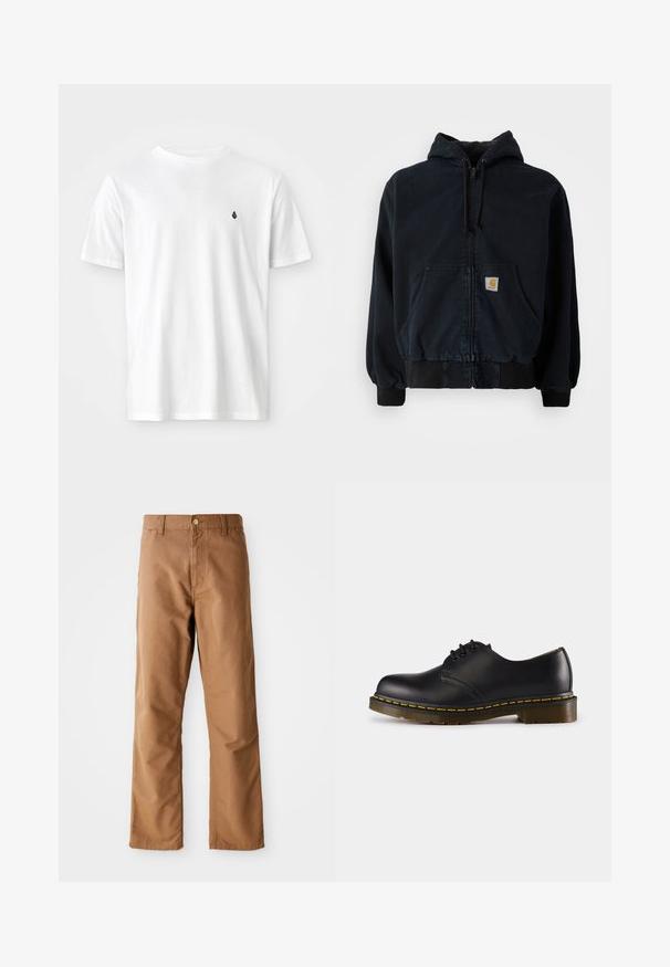 Sort zip-up hoodie med frontlommer, snørelukning i hætten, ribbede manchetter og kant, med et lille rektangulært gult logo-patch på lommen.; Hvid bomulds t-shirt med klassisk rund hals, korte ærmer og et lille sort logo på venstre bryst. Glat tekstur, afslappet pasform.; Brune lige ben bukser med bæltestropper, forlommer, knaplukning og lynlåsgylp på hvid baggrund.; Sort lædersko med rund tå, snørebåndsdesign, gul syning langs sålen og en kraftig, tekstureret gummisål.