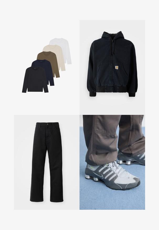 Schwarze Zip-Hoodie mit Fronttaschen, Kordelzugkapuze, gerippten Bündchen und Saum, mit einem kleinen rechteckigen gelben Logo-Patch auf der Tasche.; Fünf Langarmhemden in einem Farbverlauf: dunkles Marineblau, Marineblau, olivgrün, beige und weiß. Jedes hat einen Rundhalsausschnitt und eine glatte Textur.; Schwarze Jeans mit geradem Schnitt, ausgestattet mit Fronttaschen, einem Reißverschluss und einem einzelnen oberen Knopf. Texturiert mit matter Oberfläche.; Graue und silberne Nike Shox Sneakers zeichnen sich durch ein schlankes Design aus, mit Netz- und Synthetikmaterialien, einer abgerundeten Zehenpartie und einem gepolsterten Schuhkragen.