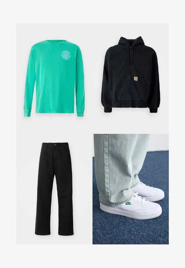 Fekete cipzáros kapucnis pulóver elülső zsebekkel, húzózsinóros kapucnival, bordázott mandzsettával és aljjal, egy kis téglalap alakú sárga logóval a zseben.; Hosszú ujjú póló élénk teal színű pamutból, kerek nyakkivágással és fehér kör alakú logóval a bal mellen. Sima textúra, szűkített mandzsetták.; Fekete farmernadrág egyenes szabással, elülső zsebekkel, cipzáras flyal és egy felső gombbal. Strukturált anyag matt felülettel.; Fehér bőr sportcipők zöld Nike logóval, kerek orral, lapos talppal, világoskék farmernadrággal párosítva, kék szőnyegen bemutatva.