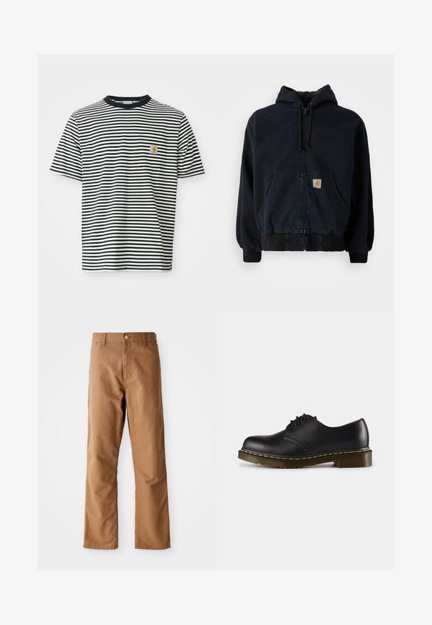 Mustat vetoketjulliset hupparit, joissa on etutaskut, kiristettävä huppu, uurrettu hihansuu ja helma, jossa on pieni suorakulmainen keltainen logopatch taskussa.; Mustavalkoraidallinen lyhythihainen t-paita, jossa on pieni rintatasku ja oranssi Carharttin logopatch.; Ruske su ravne hlače s petljama za pojas, prednjim džepovima, zatvaranjem na dugme i zatvaračem na bijeloj pozadini.; Musta nahkakenkä, jossa on pyöreä kärki, nauhakiinnitys, keltainen päällinen pohjan ympärillä ja tukeva, teksturoitu kumipohja.