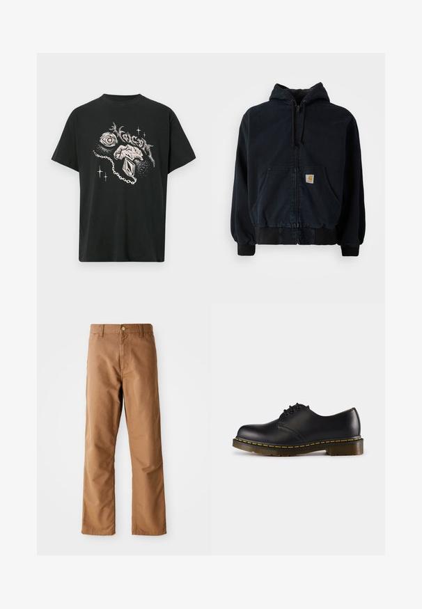 Črn zip-up huppar s sprednjimi žepi, z vrvico na kapuci, rebrastimi manšetami in spodnjim robom, ki ima majhno pravokotno rumeno nalepko na žepu.; Črna majica s kratkimi rokavi z belo grafiko očesa, roko, ki drži obesek, abstraktne oblike in stilizirano besedilo nad njimi.; Rjave hlače ravnega kroja z zankami za pas, sprednjimi žepi, zapiranjem na gumb in zadrgo na belem ozadju.; Črn usnjen čevelj z zaobljenim nosom, zavezovanje z vezalkami, rumena šivanka ob podplatu in masiven, teksturiran gumijast podplat.