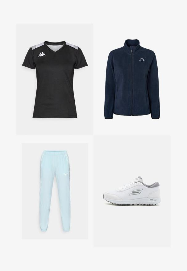 Tamsiai mėlynas vilnos džemperis su užtrauktuku priekyje, aukšta apykakle ir logotipu kairėje krūtinės pusėje. Yra šoninės kišenės ir elastingi rankogaliai.; Juodas sportinis marškinėliai trumpomis rankovėmis. Suprojektuoti su V formos kaklu, pilkais pečių akcentais ir balta logo kairėje krūtinės pusėje. Lanka, švelni tekstūra.; Šviesiai mėlynos sportinės kelnės, pagamintos iš lygios medžiagos, su elastinga juosta, siaurėjančiomis kojomis ir baltu logotipu kairiajame šlaunyje.; Balti sportiniai batai su tekstūruotu tinkliniu viršumi, sidabriniais akcentais ir lengvu padu, kuriame yra mažų sukibimo kaiščių, paženklinti "ULTRA FLIGHT."