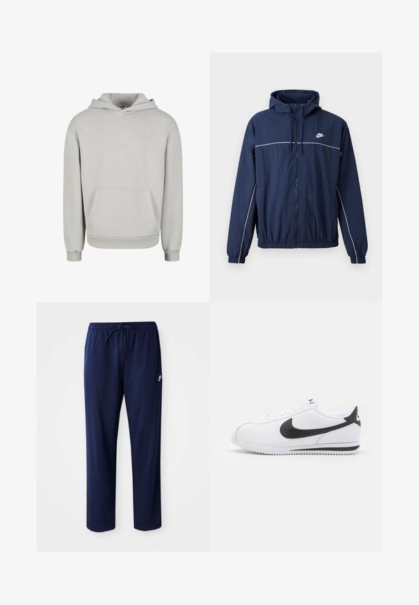 Tumši zils kapuci mēteli ar baltu akcenta joslu, ar rāvējslēdzēju, elastīgām aprocēm un jostu; uz krūšu daļas ir neliels Nike logotips.; Gai pelēks kapucis izgatavots no mīksta auduma, ar priekšējo kabatu, regulējamu kapuci un ribotiem piedurknēm un apakšmalu. Klasiska pulovera dizains.; Tumši zilas, vieglas sporta bikses, kas izgatavotas no kokvilnas maisījuma auduma. Iespējas: aukliņu jostasvieta un neliels logotips kreisajā pusē.; Baltas ādas tenisa apavi ar melno Nike swoosh, plakaniem šņorēm un teksturētu gumijas zoli. Apaļo pirkstu forma un mīksts apkaklīte komfortam.