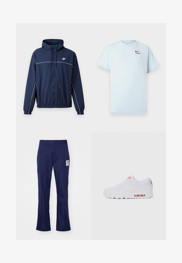 Mørkeblå hettegenser med hvit stripe, glidelås, elastiske mansjetter og midjebånd; har en liten Nike-logo på brystet.; Lyseblå bomulls t-skjorte med korte ermer, rund hals og en rød Nike swoosh-logo. Teksten sier "ATHLETIC DEPT. JUST DO IT."; Mørkeblå bomullsbukser med rett passform, med knappefeste og et merkelapplogo på frontlommen. Jevn tekstur, uformell design.; Hvite atletiske joggesko med glatt overdel, snøring, polstret såle og synlig luftenhet med røde detaljer på merket.