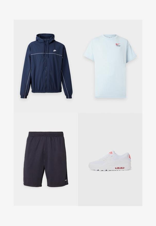 Sötétkék kapucnis dzseki fehér díszcsíkkal, cipzáras záródással, rugalmas mandzsettákkal és derékrésszel; a mellkason egy apró Nike logó található.; Világoskék, rövid ujjú pamut póló, kerek nyakkal, piros Nike swoosh logóval. A szöveg: "ATHLETIC DEPT. JUST DO IT."; Sötétkék rövidnadrág könnyű anyagból, elasztikus derékkal, finom fényű felülettel és oldalsó hasítékokkal a szabad mozgás érdekében.; Fehér sportcipő, sima felsőrésszel, fűzős zárással, párnázott talppal és látható légpárnával, piros részletekkel a logón.