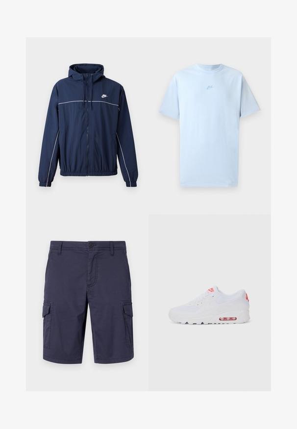 Veste à capuche bleu marine avec une bande accent blanche, fermeture éclair, poignets élastiques et ceinture élastique ; présente un petit logo Nike sur la poitrine.; T-shirt en coton bleu ciel avec des manches courtes, col rond, et logo Nike brodé dans un bleu légèrement plus foncé sur la poitrine.; Shorts cargo bleu marine en tissu durable, dotés de poches latérales, d'une fermeture bouton et d'une finition texturée.; Baskets de sport blanches avec une tige lisse, un système de laçage, une semelle rembourrée et une unité d'air visible avec des accents rouges sur le logo.