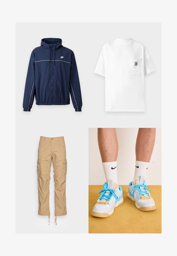 Casaco com capuz azul-marinho, com faixa branca de destaque, fecho de correr, punhos elásticos e cintura elástica; apresenta um pequeno logótipo da Nike no peito.; T-shirt branca de algodão com decote redondo, mangas curtas e um bolso no peito com um emblema. Design minimalista e textura sem costuras.; Carhartt WIP AVIATION PANT COLUMBIA - Calças cargo - dusty brown rinsed; Tênis azul claro com solas em tom areia, apresentando cadarços turquesa proeminentes e detalhes em amarelo. Materiais texturizados e amortecimento de ar visível.