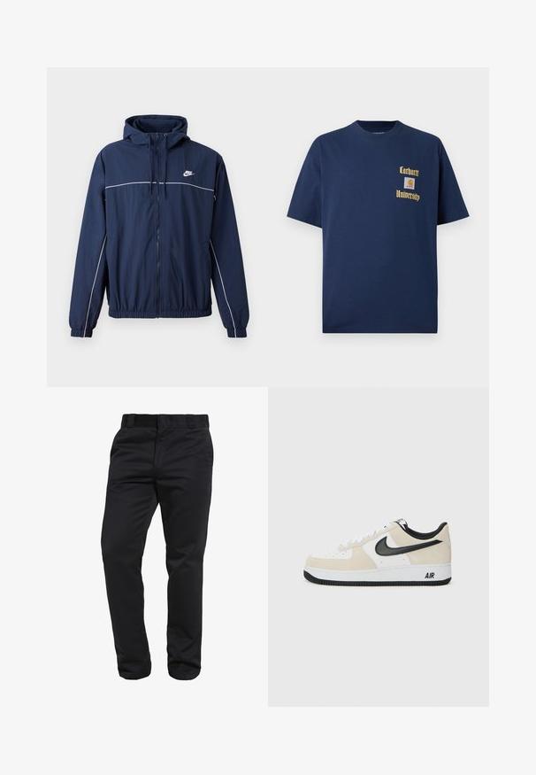 Mornarško modra jakna s kapuco in belimi poudarnimi črtami, z zadrgo, elastičnimi manšetami in pasom; vsebuje majhen Nike logotip na prsih.; Navy modra bombažna majica s kratkimi rokavi, z zlatim napisom "Carhartt University" in logotipom na levem prsnem delu.; Črne hlače ravnega kroja iz gladkega blaga, ki vsebujejo zanke za pas in sprednje žepke, s čistim in elegantnim silhuetom.; Tenisice z svetlo bež semenom in belim usnjem, črnim Nike znak, črnimi detajli in belim gumijastim podplatom z oznako "AIR".