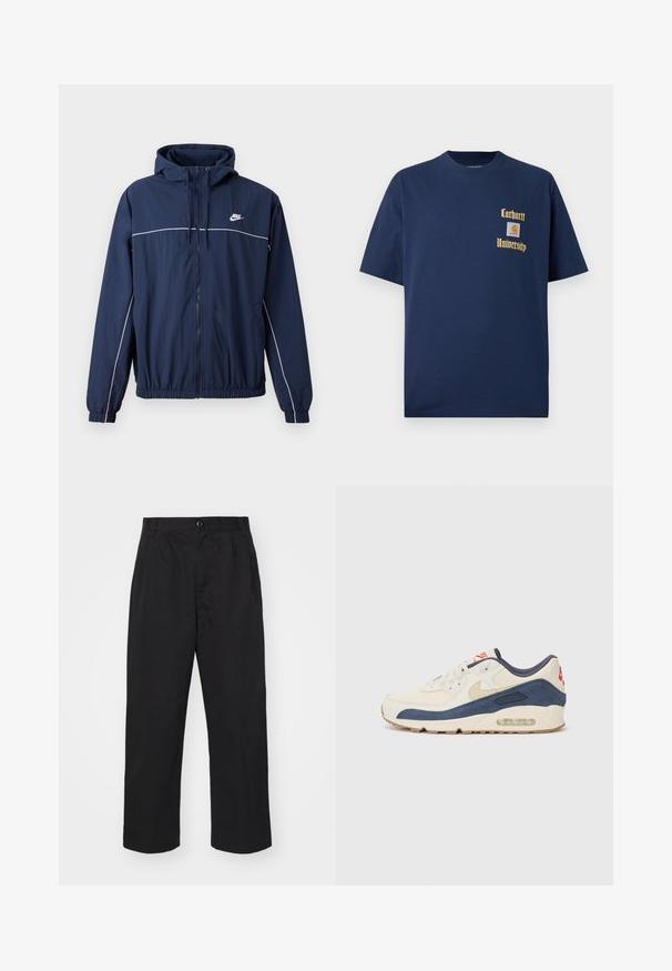 Marineblå hættejakke med hvid accentstripe, lynlåslukning, elastiske manchetter og talje; har et lille Nike-logo på brystet.; Marineblå bomulds T-shirt med korte ærmer, der har guld tekst "Carhartt University" og et logo patch på venstre bryst.; Sorte bomuldsbukser med lige pasform, der har en knaplukning, to frontlommer og en glat tekstur.; Sneakers med en overdel i cremefarvet læder og marineblå ruskind, med en synlig luftsål, beige gummisål og røde detaljer på hælen.