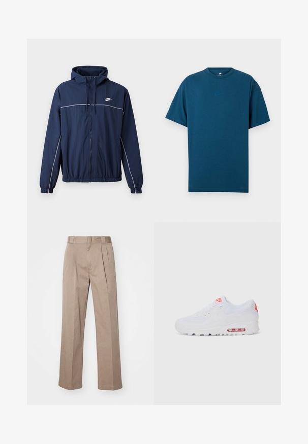 Navy blue hooded jacket with white accent stripe, zip closure, elastic cuffs, and waistband; features a small Nike logo on the chest.; Blue cotton T-shirt featuring short sleeves, a crew neckline, and a small, light blue Nike logo on the chest. Soft texture, relaxed fit.; Beige, high-waisted trousers with a wide-leg design. Features two front pleats and a smooth texture. Standard length with a clean finish.; White athletic sneaker featuring a smooth upper, lace closure, cushioned sole, and a visible air unit with red accents on the branding.