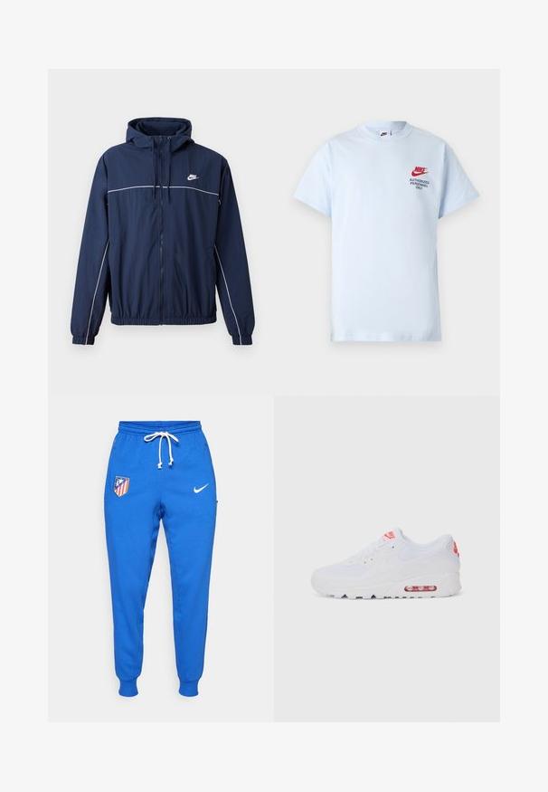 Námornícky modrá kapucňová bunda s bielym akcentom, so zipsom, elastickými manžetami a pásom; na hrudi sa nachádza malé logo Nike.; Svetlomodré bavlnené tričko s krátkymi rukávmi, s červeným logom Nike a čiernym textom "LEN PRE AUTORIZOVANÝ PERSONÁL" na hrudi.; Modré teplákové nohavice z mäkkej tkaniny s elastickým pásom na šnúrku, logom a rebrovanými nápletmi na členkoch.; Biele športové tenisky s hladkým zvrškom, šnurovaním, polstrovanou podrážkou a viditeľnou vzduchovou jednotkou s červenými akcentmi na značení.