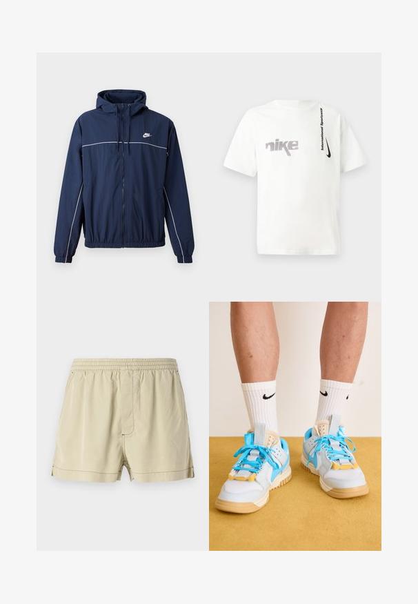 Marineblaues Kapuzensweatshirt mit weißem Akzentstreifen, Reißverschluss, elastischen Bündchen und elastischem Saum; verfügt über ein kleines Nike-Logo auf der Brust.; Weisses Baumwoll-T-Shirt mit einem auffälligen grauen Nike-Logo und schwarzem Text "International Sportswear" auf der linken Seite. Kurze Ärmel.; Beige Shorts aus leichtem Material mit elastischem Bund, flacher Vorderseite und Seitennähten. Sie verfügen über eine subtile Textur und keine Taschen.; Helleblaue Sneakers mit hellbraunen Sohlen, die auffällige türkisfarbene Schnürsenkel und gelbe Akzente zeigen. Strukturiertes Material und sichtbare Luftpolster.