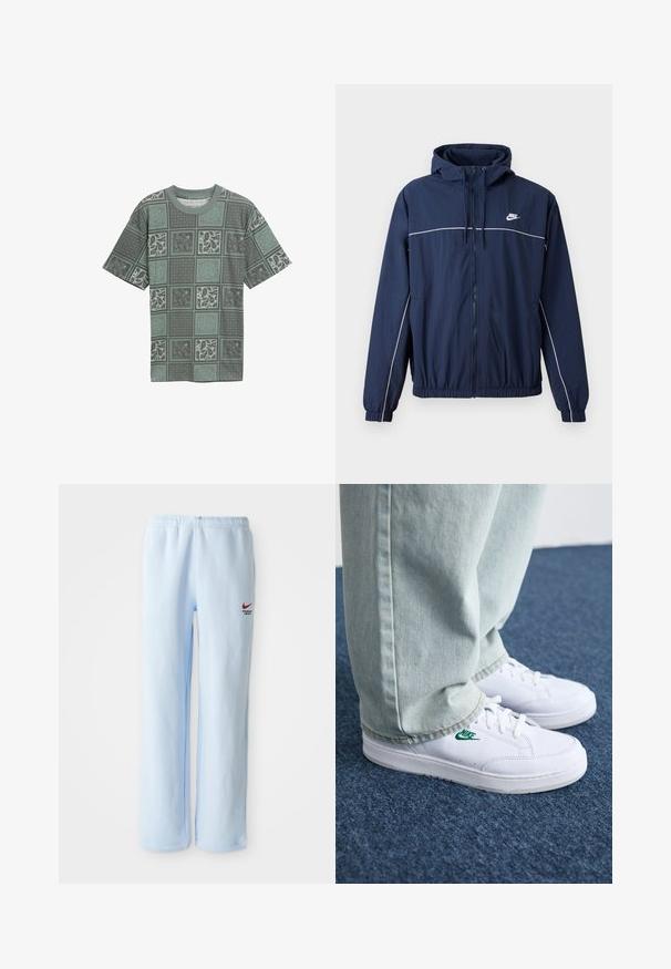 Marineblaues Kapuzensweatshirt mit weißem Akzentstreifen, Reißverschluss, elastischen Bündchen und elastischem Saum; verfügt über ein kleines Nike-Logo auf der Brust.; Grünes gemustertes T-Shirt aus weichem Stoff, das eine Mischung aus geometrischen und Paisley-Designs in verschiedenen Farbtönen auf quadratischen Abschnitten zeigt.; Hellblaue Sweatpants mit einem elastischen Bund, ausgestattet mit einem kleinen roten Nike-Logo und dem Text "Athletic Department". Aus weichem Baumwollmaterial.; Weiße Leder-Sneaker mit grünem Nike-Logo, runde Zehenpartie, flache Sohle, kombiniert mit hellblauen Jeans, präsentiert auf einem blauen Teppich.