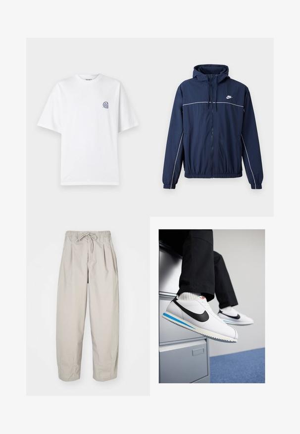 Mornarško modra jakna s kapuco in belimi poudarnimi črtami, z zadrgo, elastičnimi manšetami in pasom; vsebuje majhen Nike logotip na prsih.; Bela bombažna majica s krojem okoli vratu in kratkimi rokavi. Na levem prsnem delu ima majhen modri logotip. Gladka tekstura.; Bež hlače iz lahkega materiala z elastičnim pasom in vrvico. Imajo gube in ohlapen kroj, izdelane so iz mehkega, gladkega blaga.; Bele usnjene teniske z črnim Nikeovim simbolom, svetlo modrim in sivo gumijastim podplatom ter klasičnim vezalnim dizajnom. Noge so poležane na omarici za dokumente.