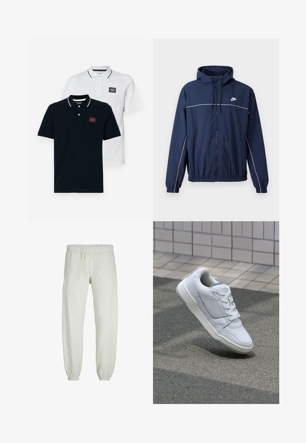 Veste à capuche bleu marine avec une bande accent blanche, fermeture éclair, poignets élastiques et ceinture élastique ; présente un petit logo Nike sur la poitrine.; Deux polos en navy et blanc, avec des manches courtes, un col classique et des détails rayés contrastants sur le col.; Pantalons de survêtement blancs en tissu doux, avec une taille et des poignets élastiques, présentant une texture lisse et un design ample.; Baskets en cuir blanc avec des côtés perforés, des accents texturés, des lacets plats et un talon gris contrasté. Présente une semelle légèrement surélevée.