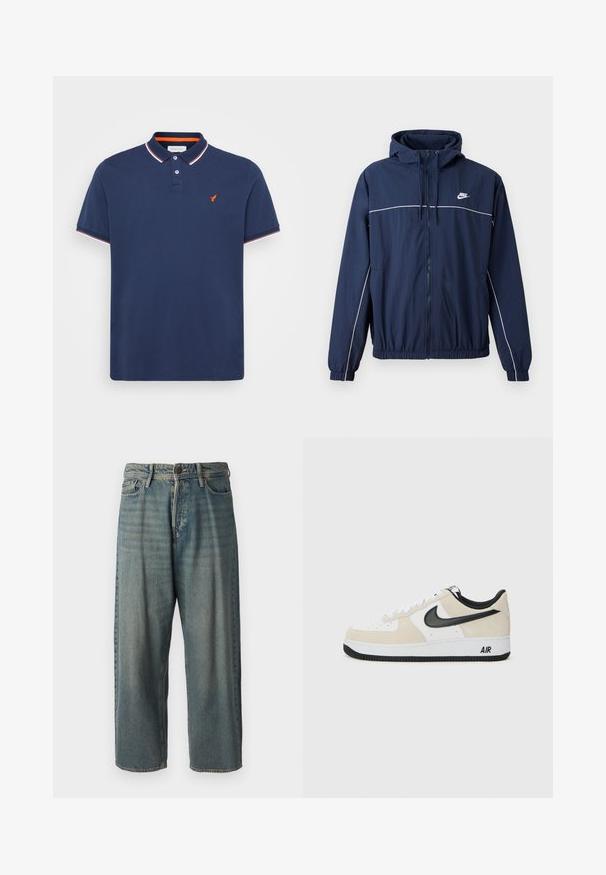 Mørkeblå hettegenser med hvit stripe, glidelås, elastiske mansjetter og midjebånd; har en liten Nike-logo på brystet.; Mørkeblå polo-shirt laget av bomull med en to-knapps placket, korte ermer og kontrasterende rød og hvit krage. Har en liten oransje logo.; Lyseblå denimjeans med løs passform, midjehøyde og rette ben. Har fem lommer, beltehemper og knappelukking.; Sneakers med lys beige semsket skinn og hvit skinn-overdel, svart Nike swoosh, svarte detaljer, og en hvit gummisåle med "AIR" merke.