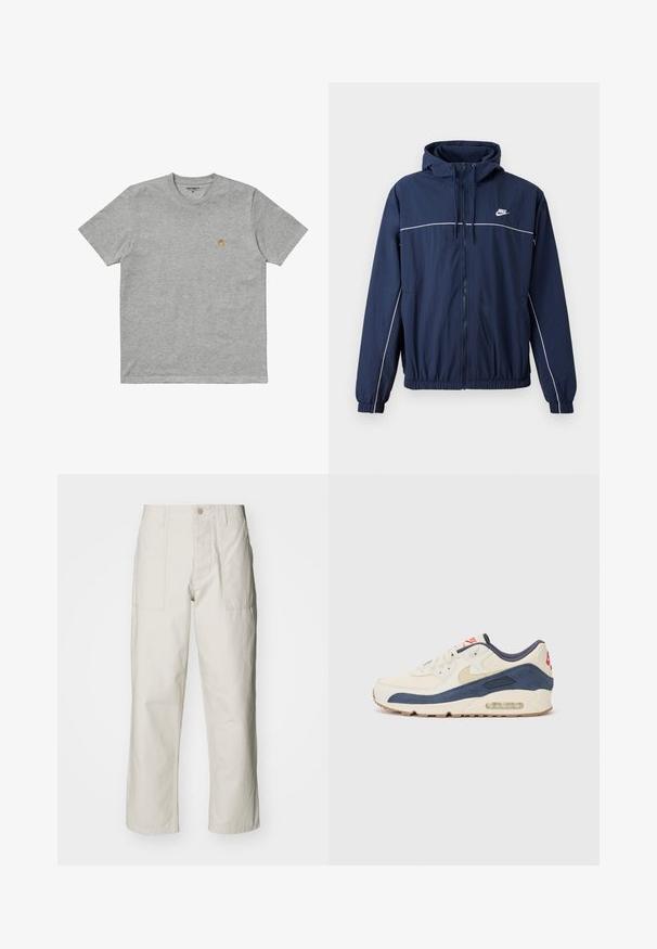 Námornícky modrá kapucňová bunda s bielym akcentom, so zipsom, elastickými manžetami a pásom; na hrudi sa nachádza malé logo Nike.; Carhartt WIP CHASE - Základné tričko - grey; Svetlosivé široké nohavice vyrobené z bavlny. Majú predné vrecká a zapínanie na gombík. Hladká textúra so subtílnymi vertikálnymi pruhmi.; Tenisky s krémovým koženým a námorníckym semišovým zvrškom, ktoré majú viditeľnú vzduchovú podrážku, béžovú gumovú podrážku a červený akcent na päte.