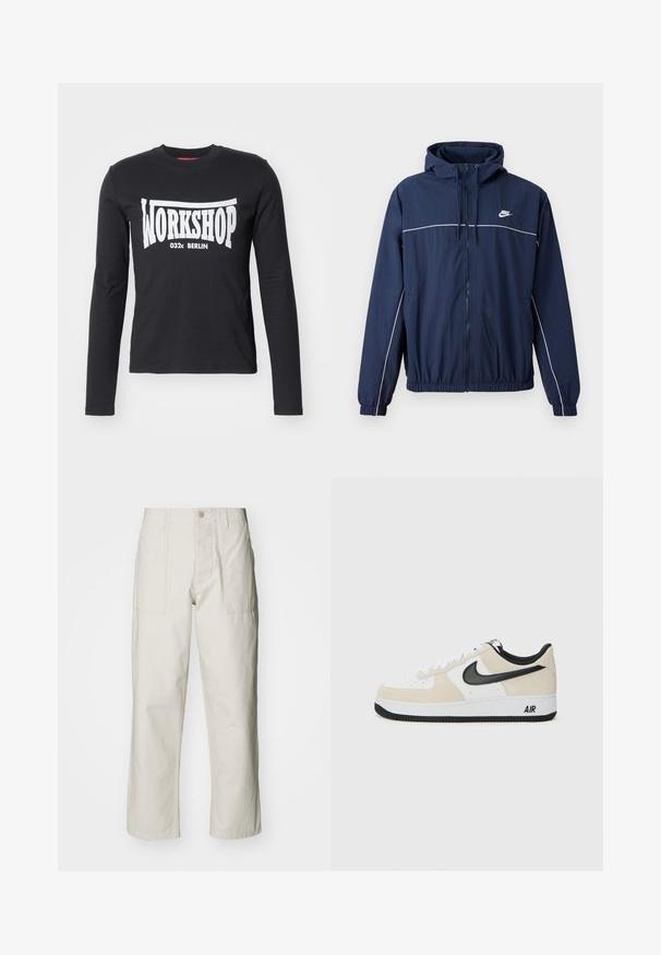 Navy blue hooded jacket with white accent stripe, zip closure, elastic cuffs, and waistband; features a small Nike logo on the chest.; Black long-sleeve T-shirt made of cotton, featuring a large white "WORKSHOP 032c BERLIN" graphic across the front. Smooth texture, crew neck.; Light beige wide-leg pants made of cotton. Features front pockets and a button closure. Smooth texture with subtle vertical lines.; Sneakers with a light beige suede and white leather upper, black Nike swoosh, black accents, and a white rubber sole featuring "AIR" branding.