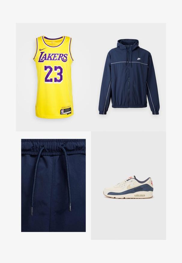 Tummansininen hupullinen takki, jossa on valkoinen korostusraidalla, vetoketju, joustavat hihansuut ja vyötärö; takissa on pieni Nike-logo rinnassa.; Keltainen Nike-paita violetilla korostuksella, jossa on "LAKERS"-teksti ja numero "23" näyttävällä fontilla. Laiat sivuventeissä ja merkki helman kohdalla.; Tummansininen väkerretyt vyötäröshortsit, joissa on joustava vyötärö, teksturoitu nauha ja sileä kangas.; Tennarit, joissa on kermanvärinen nahka ja merimiessininen mokka päällinen, näkyvällä ilmasoolalla, beige kumipohja ja punainen yksityiskohta kantapäässä.