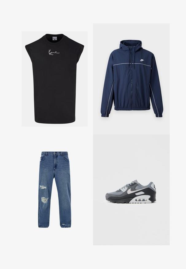 Marineblauwe hoodie-jack met witte accentstripe, ritssluiting, elastische manchetten en tailleband; voorzien van een klein Nike-logo op de borst.; Zwarte mouwloze t-shirt van katoen, met een ronde hals en een wit handtekeninglogo op de voorkant. Gladde textuur, ontspannen pasvorm.; Lichtblauwe denim jeans met een losse pasvorm, beschadigde details met scheuren op de knieën en een klassiek vijf-pocket ontwerp.; Grijze sneaker met een mix van mesh en suède materialen, met een zwarte zool en zichtbare luchtunit. Opvallende lichtgrijze accenten en veters.