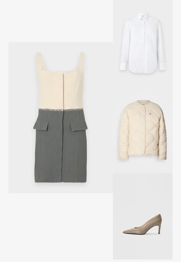 Calvin Klein Jeans INSULATED LINER JACKET - Zimska jakna - fog; Dvobarvna obleka s kremnim zgornjim delom in sivo spodnjim delom. Zasnovana z navpičnimi šivi, osrednjim zadrgo in dvema sprednjima žepoma.; Bela srajca z dolgimi rokavi iz gladkega materiala, z gumbastim zapenjanjem spredaj, klasičnim ovratnikom in zaobljenim robom z manšetami na gumb.; Bežna usnjena črna petka z izostrenim nosom in tankim 7 cm peto. Gladka površina in minimalističen dizajn brez vidnih okraskov.