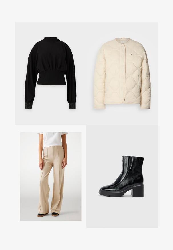Calvin Klein Jeans INSULATED LINER JACKET - Vinterjacka - fog; Svart kortad tröja med långa ärmar, ribbad halsringning och texturerade manschetter med dekorationer, tillverkad av mjukt, elastiskt material.; Beige vida byxor i mjukt tyg, med framfåll och hög midja. Matchat med svarta och bruna platta skor.; Svarta lacklädersankelstövlar med rundad tå, elastiska sidopaneler och en chunky klack. Har en präglad logotyp på baksidan.