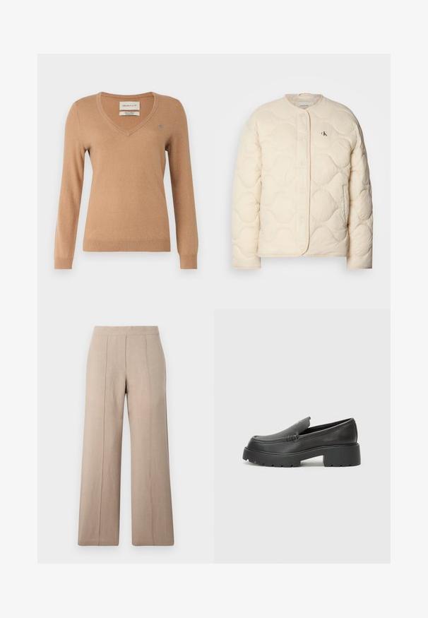Calvin Klein Jeans INSULATED LINER JACKET - Talvitakki - fog; Ruskea neulepaita pehmeästä kankaasta, jossa on V-pääntie, pitkät hihat ja pieni logo vasemmassa rinnassa. Sujuva rakenne ja istuva muotoilu.; Bella vaatehousut, jotka on valmistettu kevyestä kankaasta. Ne sisältävät etupleikkuut, sileän vyötärön ja suoran leikkauksen siisteillä helmoilla.; Musta nahkakengät, joissa on pyöristetty kärki, paksu teksturoitu pohja ja vähäiset ompeluyksityiskohdat. Tyylikäs muotoilu, jossa ei ole näkyviä nauhoja tai metalliosia.