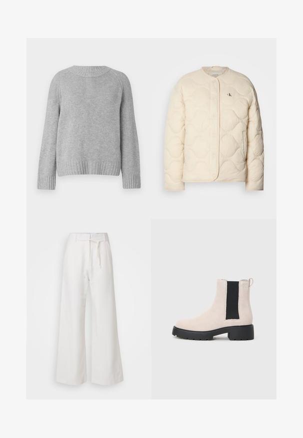Calvin Klein Jeans INSULATED LINER JACKET - Vinterjakke - fog; Lys grå genser med rund hals, raglanermer og ribbede mansjetter og nederkant. Teksturen ser myk og strikket ut.; DAY Birger et Mikkelsen TERRI SOLID - Bukse - cloud cream; Beige semsket Chelsea-støvel med svart elastisk sidepanel, kraftig svart såle og trekkflik ved ankelen.