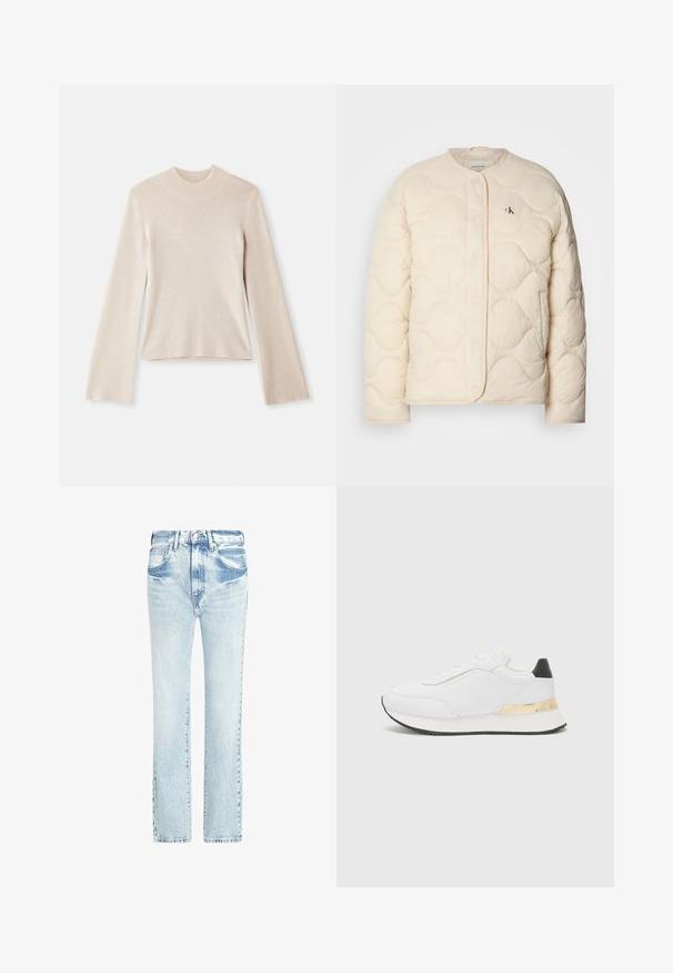 Calvin Klein Jeans INSULATED LINER JACKET - Talvejope - fog; Heledbeez kardigan, pikkade varrukatega, pehme tekstuuriga, sobiv siluett ja soonikuga kaelus. Lihtne disain, ilma mustrite või detailideta.; Heledad sinised teksapüksid otse jala kujundusega, viie taskuga ja pleekinud tekstuuriga. Omab nähtavaid õmblusi ja klassikalist nööbiga sulgemist.; Valged sneakers sileda viimistlusega, millel on must kanna aktsent ja kuldne metalldetail keskosa peal. Traatidega disain, kummist talla.