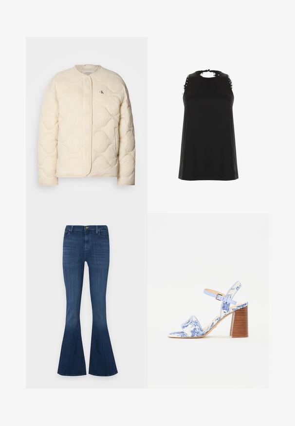 Calvin Klein Jeans INSULATED LINER JACKET - Winterjacke - fog; Schwarzes ärmelloses Top mit hohem Ausschnitt, das ausgefranste Spitzenakzente an den Schultern und eine glatte, weiche Textur aufweist.; Denim-Jeans mit Schlag in einem dunklen Blauton, mit taillierter Passform, fünf Taschen und klassischem Knopfverschluss. Glatte Textur mit leichtem Stretch.; Blaue sandaletten mit Blumenmuster, quadratischer Zehenpartie, breitem Riemen und verstellbarem Knöchelriemen, ausgestattet mit einem strukturierten Holzblockabsatz.