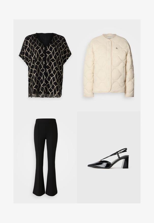 Calvin Klein Jeans - Kurtka zimowa; Czarna bluzka z krótkim rękawem i dekoltem w serek, zdobiona geometrycznym złotym metalicznym wzorem na przezroczystym materiale. Lekka i luźna konstrukcja.; Czarne spodnie dzwony z elastycznego materiału o gładkiej strukturze, z detalami szwów z przodu dla dodatkowego stylu.; Czarne lakierowane szpilki z odkrytymi piętami, z ostrym noskiem, regulowanym paskiem i masywnym prostokątnym obcasem.
