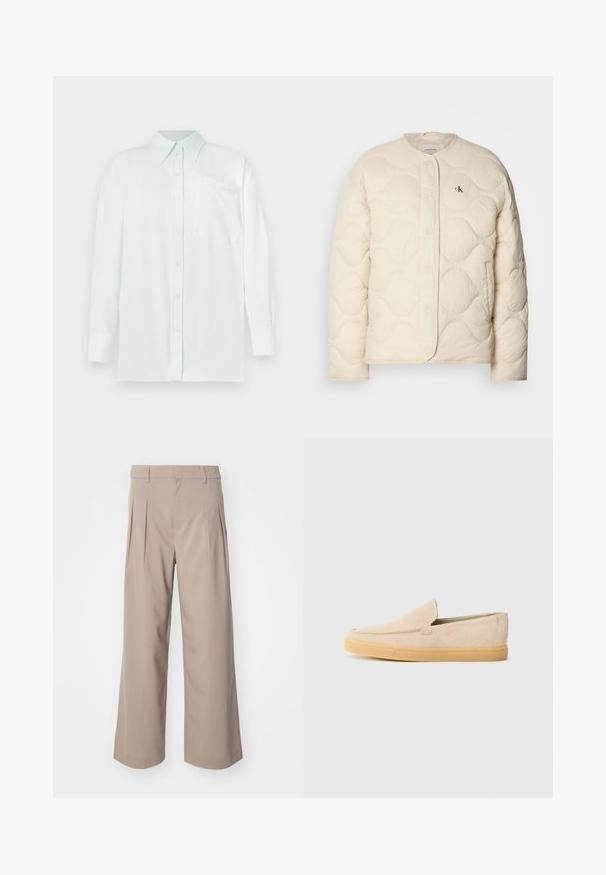 Calvin Klein Jeans - Kurtka zimowa; Błękitna koszula z długim rękawem, z kołnierzykiem, z kieszonką na piersi. Materiał wydaje się gładki z subtelną fakturą; posiada żółte guziki.; Beżowe szerokie spodnie z zakładkami, wykonane z gładkiego materiału. Posiadają średni stan i czystą, dopasowaną sylwetkę.; Beżowe zamszowe buty wsuwane z okrągłym czubkiem i jasnobrązową gumową podeszwą, prezentowane w profilu bocznym na białym tle.