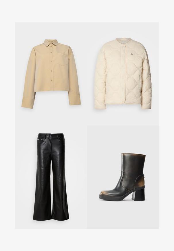 Calvin Klein Jeans INSULATED LINER JACKET - Winterjas - fog; Geknipte beige shirt van katoenmix, met een puntkraag, knoopsluiting aan de voorkant en een klein borstzakje met logo borduursel.; Zwarte leren broek met een brede pijp en een zachte textuur, voorzien van een sluiting met een knoop aan de voorkant, twee zijzakken en minimale stikseldetails.; Zwarte leren enkellaars met een glanzende afwerking, ronde neus, contrasterende tan accenten, een blokhak en een rits aan de zijkant.