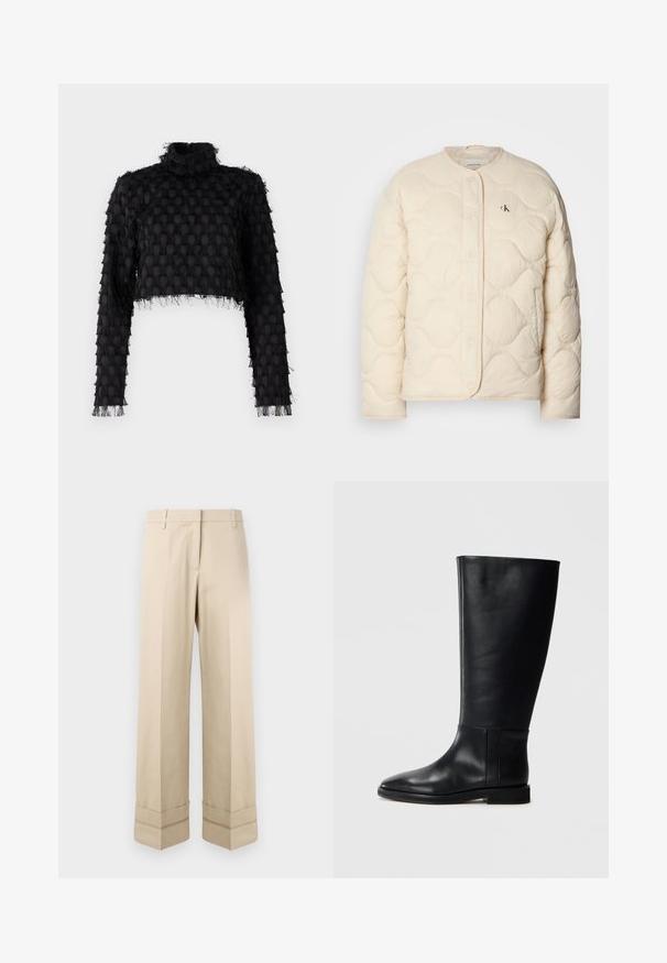 Calvin Klein Jeans INSULATED LINER JACKET - Winterjacke - fog; Schwarzes, kurzes Oberteil mit hohem Kragen, strukturiertem Muster und langen Ärmeln, die an den Kanten ausgefranst sind.; Beige Hosen mit geradem Schnitt, ausgestattet mit einem doppelten Saum am Ende und einem flachen Frontdesign. Hergestellt aus glattem, strapazierfähigem Stoff.; Schwarze Lederstiefel bis zum Knie mit runder Zehenform, glatter Textur, minimalistischem Design und flacher Sohle. Einfache Nahtdetails am Schaft.