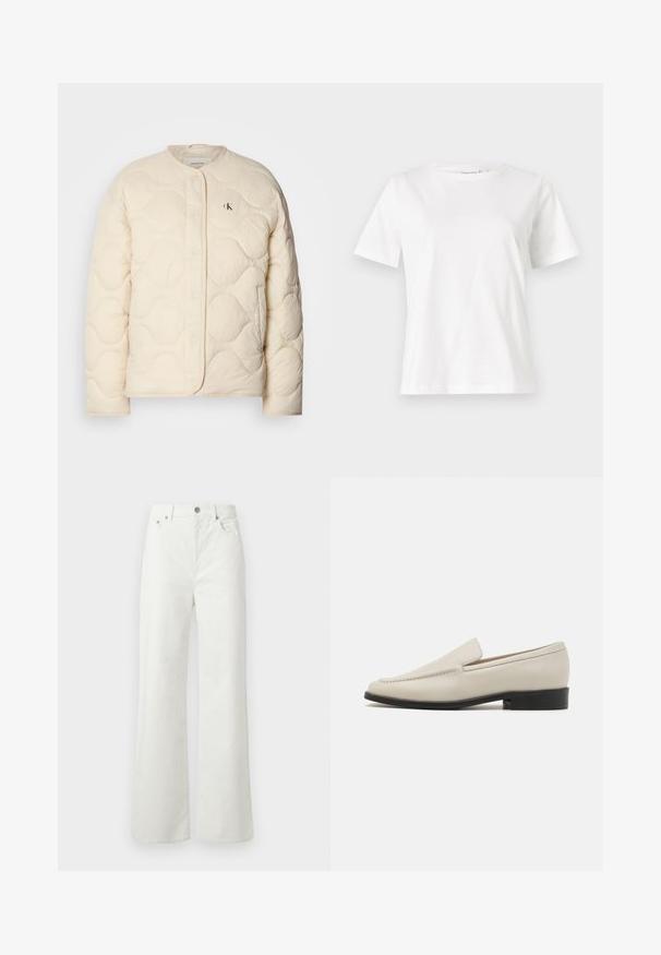 Calvin Klein Jeans INSULATED LINER JACKET - Veste d'hiver - fog; T-shirt en coton blanc à manches courtes, col rond et coupe décontractée. Texture lisse, sans motifs ni accents, design minimaliste.; Samsøe Samsøe SHELLY - Jean boyfriend - clear cream; Mocassins en cuir beige à enfiler avec un design épuré, bout en amande, couture minimale et un petit talon noir. Texture lisse.