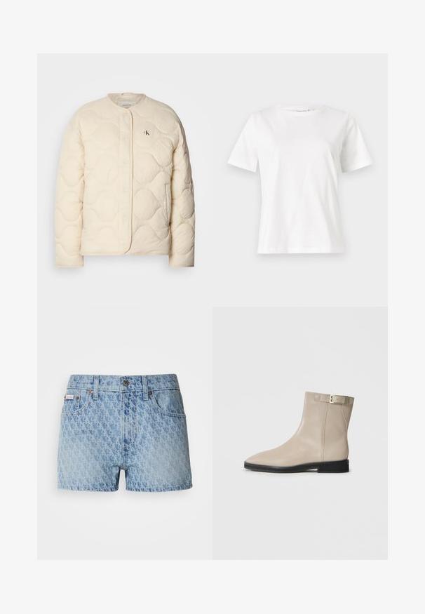Calvin Klein Jeans INSULATED LINER JACKET - Zimska jakna - fog; Bela bombažna majica s kratkimi rokavi, okroglo izrezana in ohlapnega kroja. Gladka tekstura, brez vzorcev ali dodatkov, minimalističen dizajn.; Denim kratke hlače v svetlo modri barvi z teksturiranim, ponavljajočim se vzorcem. Imajo gumbasto zapiranje in rdečo blagovno oznako na levem žepu.; Bež usnjeni gležnjarji s koničastim nosom, črnim podplatom, nizko peto in zlatim zaponkom na zunanji strani, prikazani na beli podlagi.