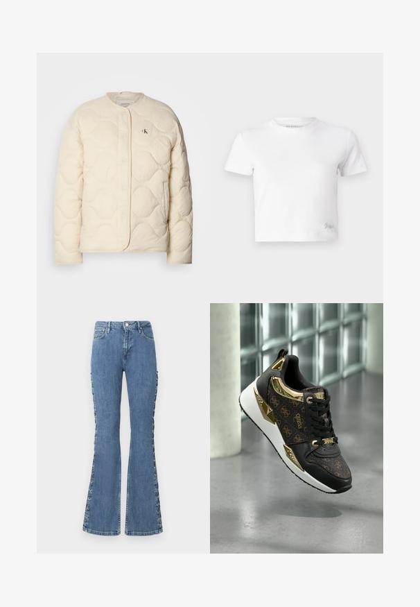 Calvin Klein Jeans INSULATED LINER JACKET - Žieminė striukė - fog; Balta trumpa marškinėlių suapvalinta iš lygios medvilnės, su aukštu iškirpimu ir trumpomis rankovėmis. Mažas išsiuvinėtas logotipas apatinėje kampe.; Aukštai juosmens, platėjančios mėlynos džinsai, pagaminti iš džinsinio audinio, su dekoratyviais nėriniais šonuose ir klasikinio penkių kišenių dizainu.; Juodi sportbačiai su auksiniais akcentais, turintys tekstūruotą logotipo raštą, metalinius detalės ir paminkštintą baltą padą.