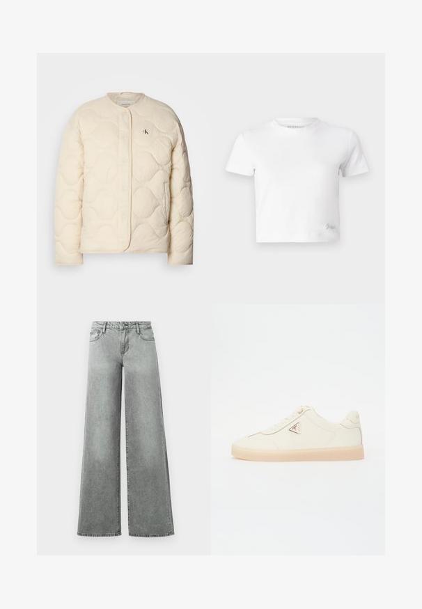 Calvin Klein Jeans INSULATED LINER JACKET - Žieminė striukė - fog; Balta trumpa marškinėlių suapvalinta iš lygios medvilnės, su aukštu iškirpimu ir trumpomis rankovėmis. Mažas išsiuvinėtas logotipas apatinėje kampe.; Pilkos plačios kojų džinsai, pagaminti iš džinsinio audinio, turintys penkias kišenes, aukštą juosmenį ir šiek tiek išblukusią apdailą su matomais siūlais.; Kreminės spalvos odinės sportbačiai su apvaliu priekiniu galiuku, plokščiu padu, toniniu siuvinėjimu, raištelių uždarymu ir logotipo akcentu šone.