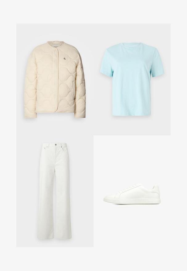 Calvin Klein Jeans INSULATED LINER JACKET - Winterjacke - fog; Hellblaues Baumwoll-T-Shirt mit kurzen Ärmeln, einem Rundhalsausschnitt und dezentem, auf der Vorderseite eingesticktem 'Calvin Klein'-Logo.; Samsøe Samsøe SHELLY - Jeans Relaxed Fit - clear cream; Weiße Leder-Sneaker verfügen über eine glatte Oberfläche, ein flaches Design, eine runde Zehenform und eine Schnürung mit sechs Ösen. Minimalistischer Stil.