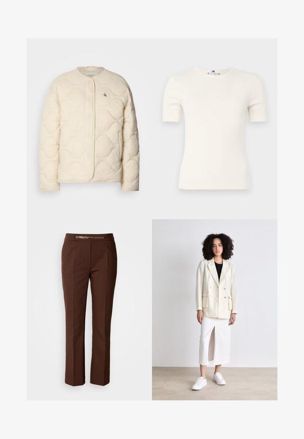 Calvin Klein Jeans INSULATED LINER JACKET - Talvejope - fog; Ribatud lühikeste varrukatega t-särk kreemjas värvitoonis, millel on ümmargune kaelus ja sobiv disain. Pehme kangas sileda tekstuuriga.; Pruuni kohandatud püksid sileda tekstuuriga, millel on kuldne ketitaoline aksessuaar vöökoht ja sirge sääre disain.; Kreemist kahekordse nööbiga bleiser, millel on kaks eesmist taskut, kantud musta topsi peal, koos valge seelikuga, millel on eesmine lõhik, ja valgete jooksutossudega.