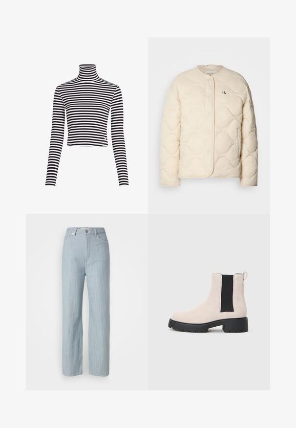 Calvin Klein Jeans INSULATED LINER JACKET - Winterjacke - fog; Schwarz-weißer gestreifter Rollkragenpullover mit langen Ärmeln und verkürztem Design, hergestellt aus geripptem Material. Mit einem kleinen Markenlogo am Saum.; Helle blaue gerade geschnittene Jeans aus Denim. Verfügt über fünf Taschen, einen Metallknopfverschluss und dezente Waschungen für zusätzliche Textur.; Beige Wildleder Chelsea-Stiefel mit schwarzer elastischer Seitenpartie, dicker schwarzer Sohle und Zuglasche am Knöchel.